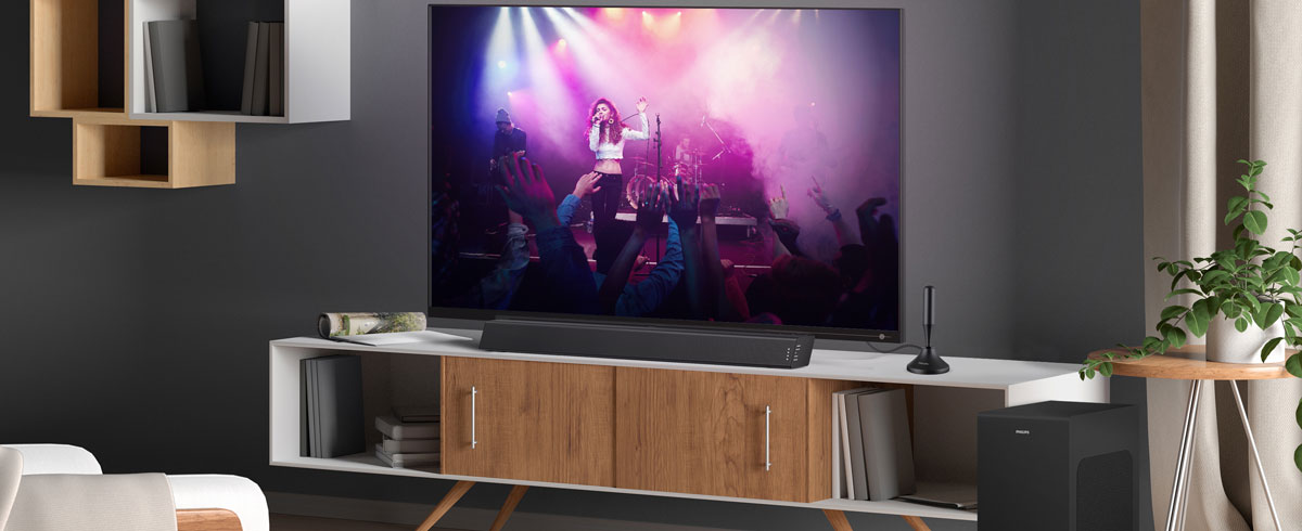 A modern living room showcasing a television complemented with matching accessories and stylish furniture