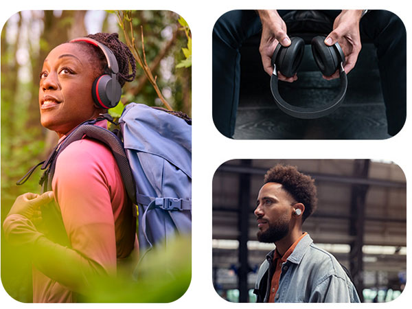 Three images showing people using different types of Philips headphones, including over-ear and earbuds, in various settings